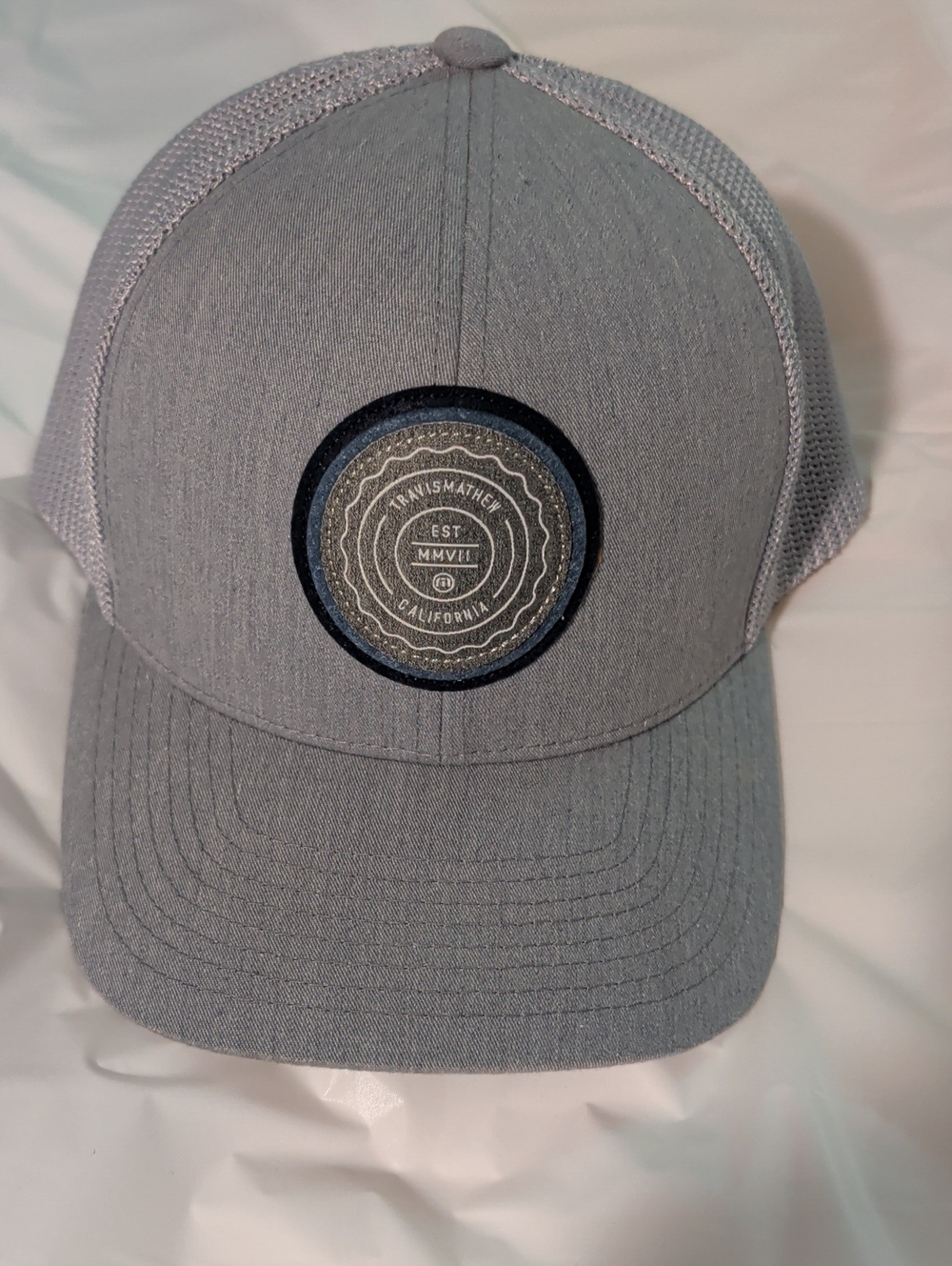 TravisMathew Gray Mesh Trucker Hat with Round Patch